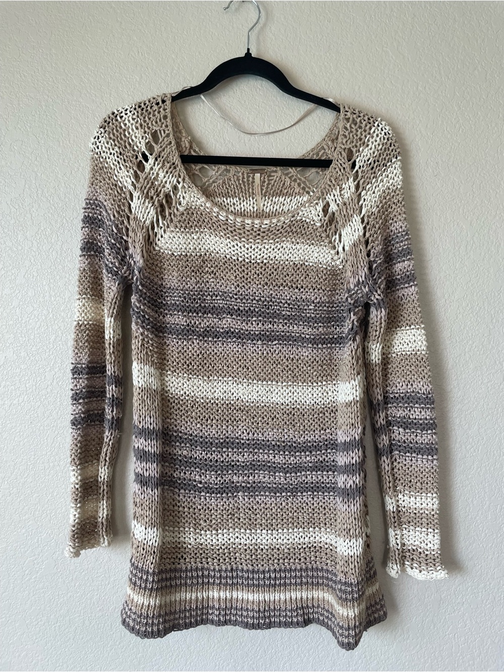 Free People Desert Moon Striped Open Knot Cotton Blend Striped Tan Sweater Small